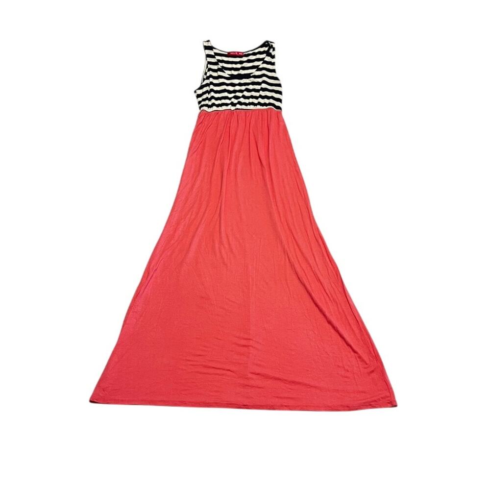 Hello Miz | Coral & Stripe Mixed-Media Sleeveless Maxi Dress - Medium